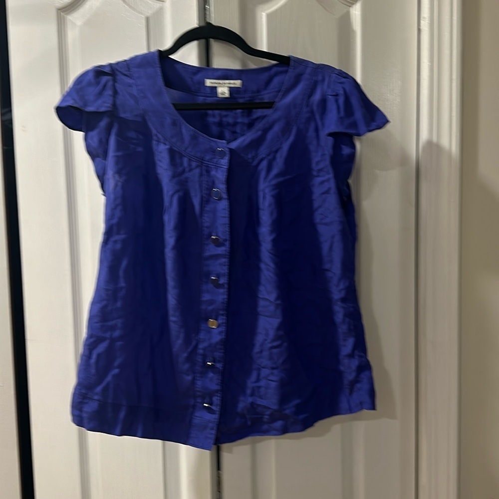 Banana Republic Cobalt Silk Blend Button Front Blouse | Effortless Minimal Chic - Picture 3 of 11